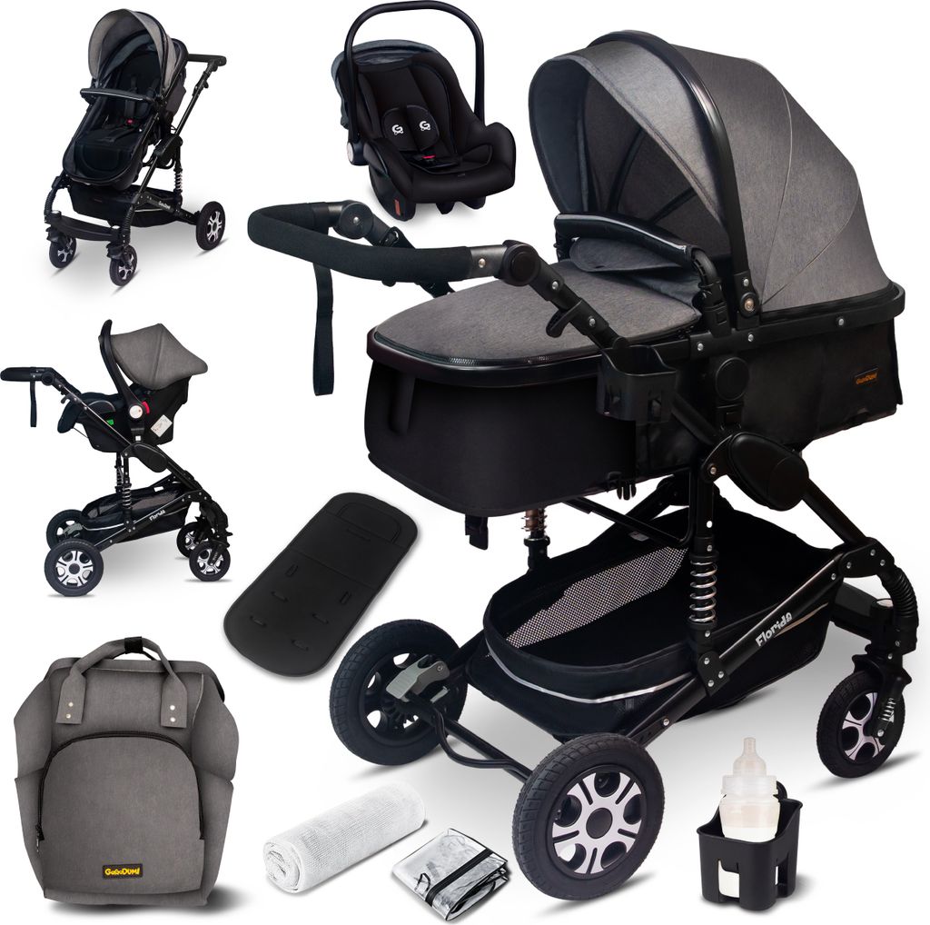 GaGaDumi Florida Kinderwagen 3 in 1 Komplettset mit Autositz - Baby Stroller - Kombikinderwagen 3 in 1 Komplettset Voll-Gummireifen - Wickeltasche