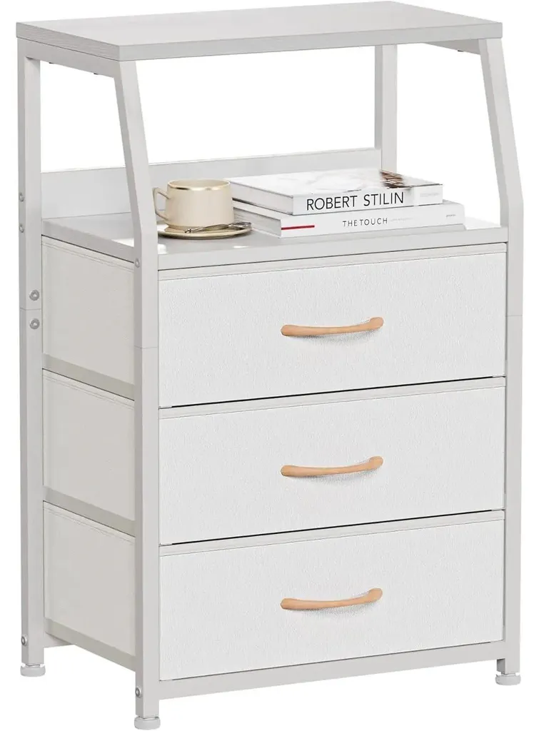 Table de chevet blanche à 3 tiroirs en tissu et 2 étagères de rangement