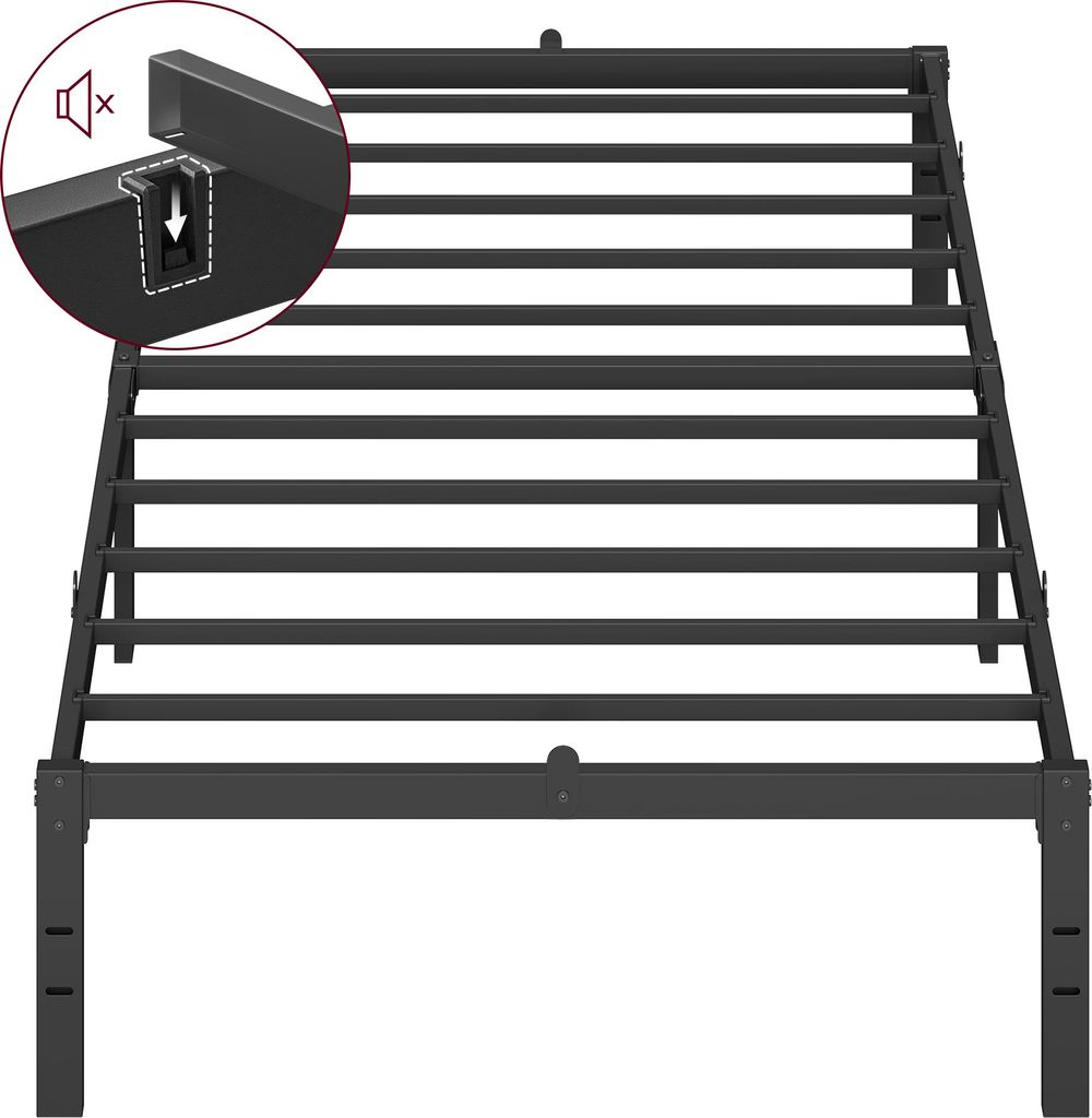 A black metal bed frame on a white background, with a close-up inset showing a connection detail and a "mute" icon.