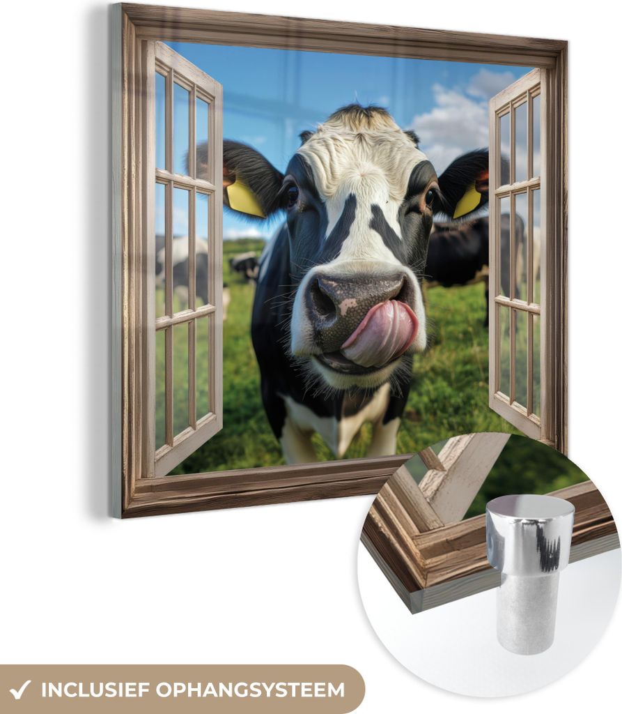 MuchoWow Glasbilder - Bilder auf Wandbild - Foto auf Glas Durchgucken - Kuh - Wiese - Tiere - Natur 40x40 cm Wanddekoration aus Glas - Acrylglasbil...