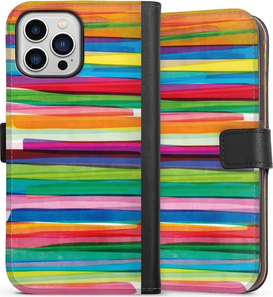 DeinDesign Klapphülle für Apple iPhone 13 Pro Max Handytasche Lederhülle Tasche Streifen Wasserfarbe bunt