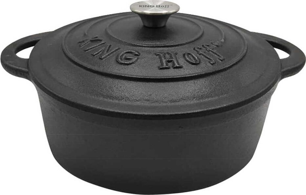 A black cast iron pot with a lid.