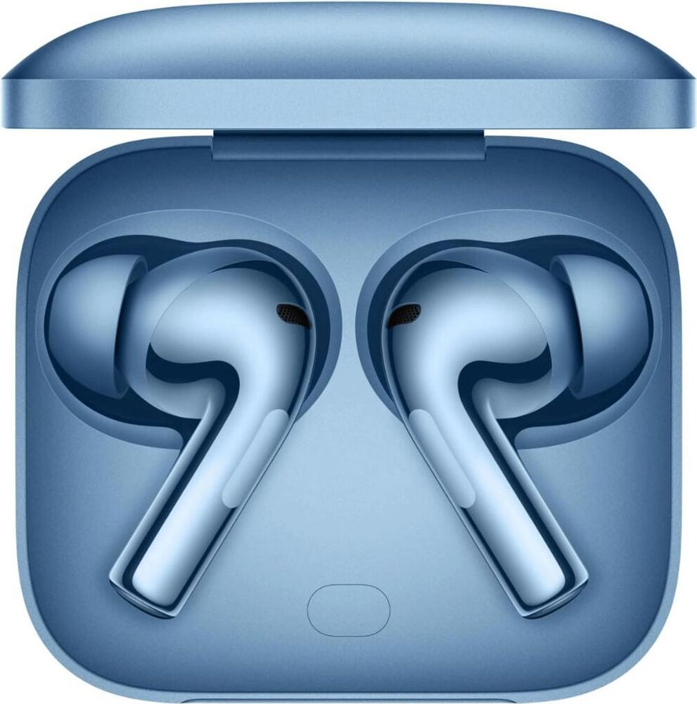 A pair of blue wireless earbuds in their charging case.