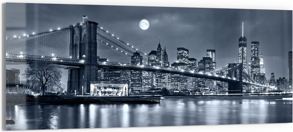 DEQORI Glasbild Echtglas 150x60 cm 'Vollmond über New York' Wandbild Bild modern Deko