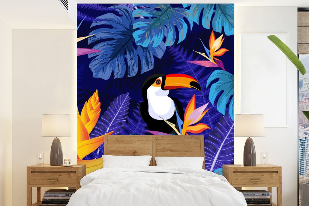 MuchoWow Fototapete für Wohnzimmer oder Schlafzimmer Wandtapete Vinyl Motivtapete Dschungel - Tukan - Blumen - Pflanzen - Kinder - Lila - Tiere ...