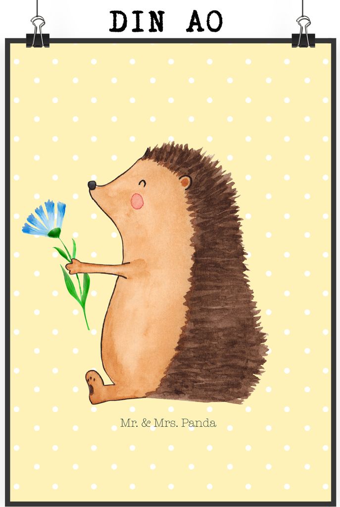 Mr. & Mrs. Panda Bild Igel Blumen DIN A0 - Gelb Pastell - Geschenk, drucke, Krankheit, wanddeko, Genesungswünsche, Gute Besserung, Wandbild, Besuc...