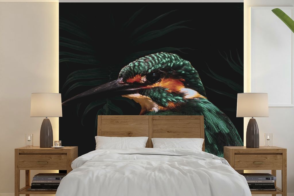 MuchoWow Fototapete für Wohnzimmer oder Schlafzimmer Wandtapete Vinyl Motivtapete Eisvogel - Vogel - Grün - 260x260 cm - Papiertapeten