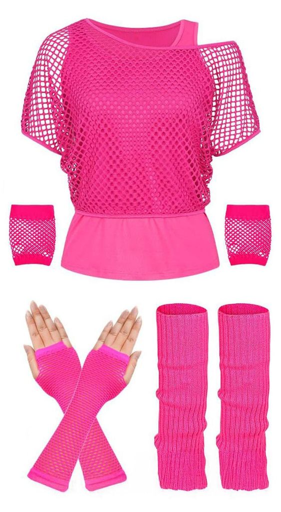 Damen-Neon-Party-Outfit im Stil der 80er/90er Jahre: Sexy Netz-T-Shirt mit One-Shoulder-Schulter, Handschuhe, Stulpen und Beinstulpen für Mottopar...