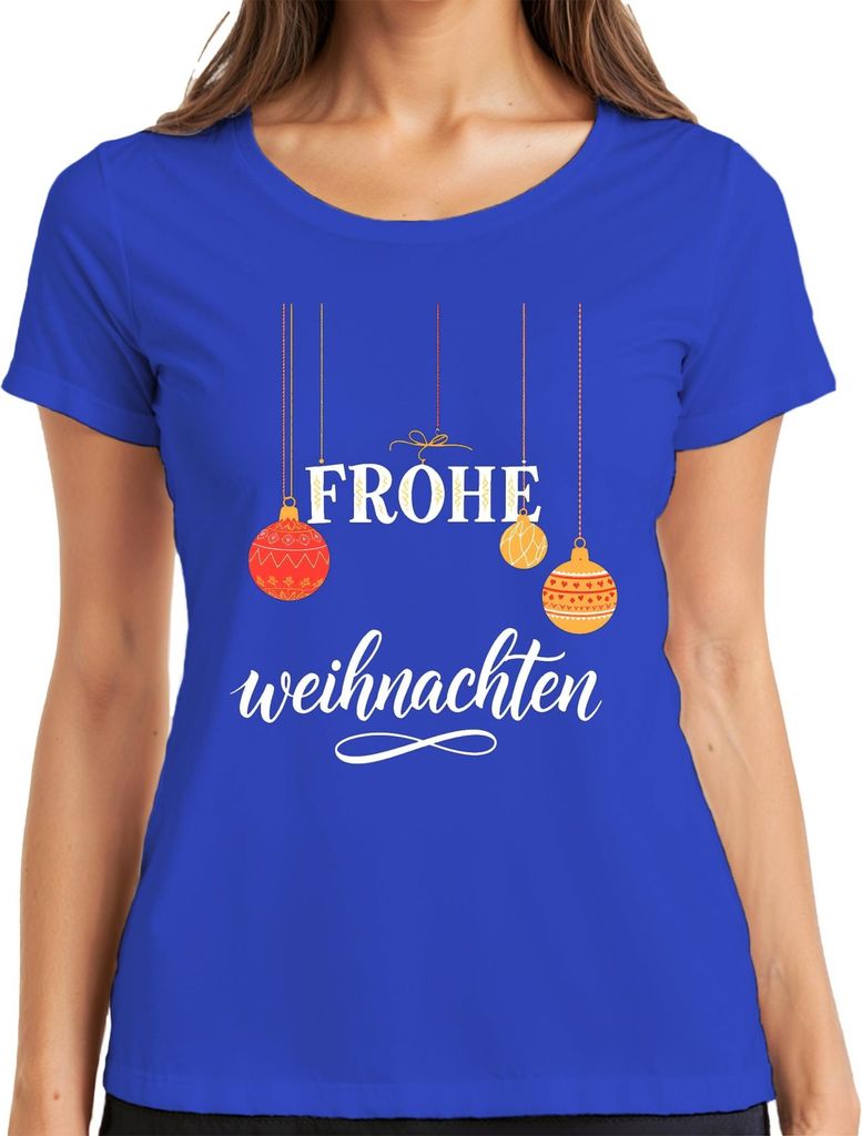 Frohe Weihnachten Weihnachtskugeln Christbaumkugeln Festlich Damen T-Shirt, Blau, M