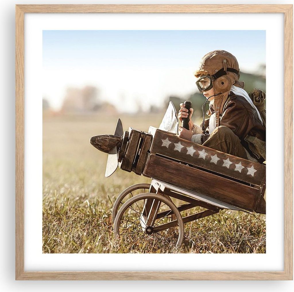 Gerahmtes Poster - Rahmen in heller Eiche - Kindheit Flugzeug Spielzeug - 50x50 cm - Wand Bild - Wanddeko - Wandbilder - Kunstposter - Wandposter -...