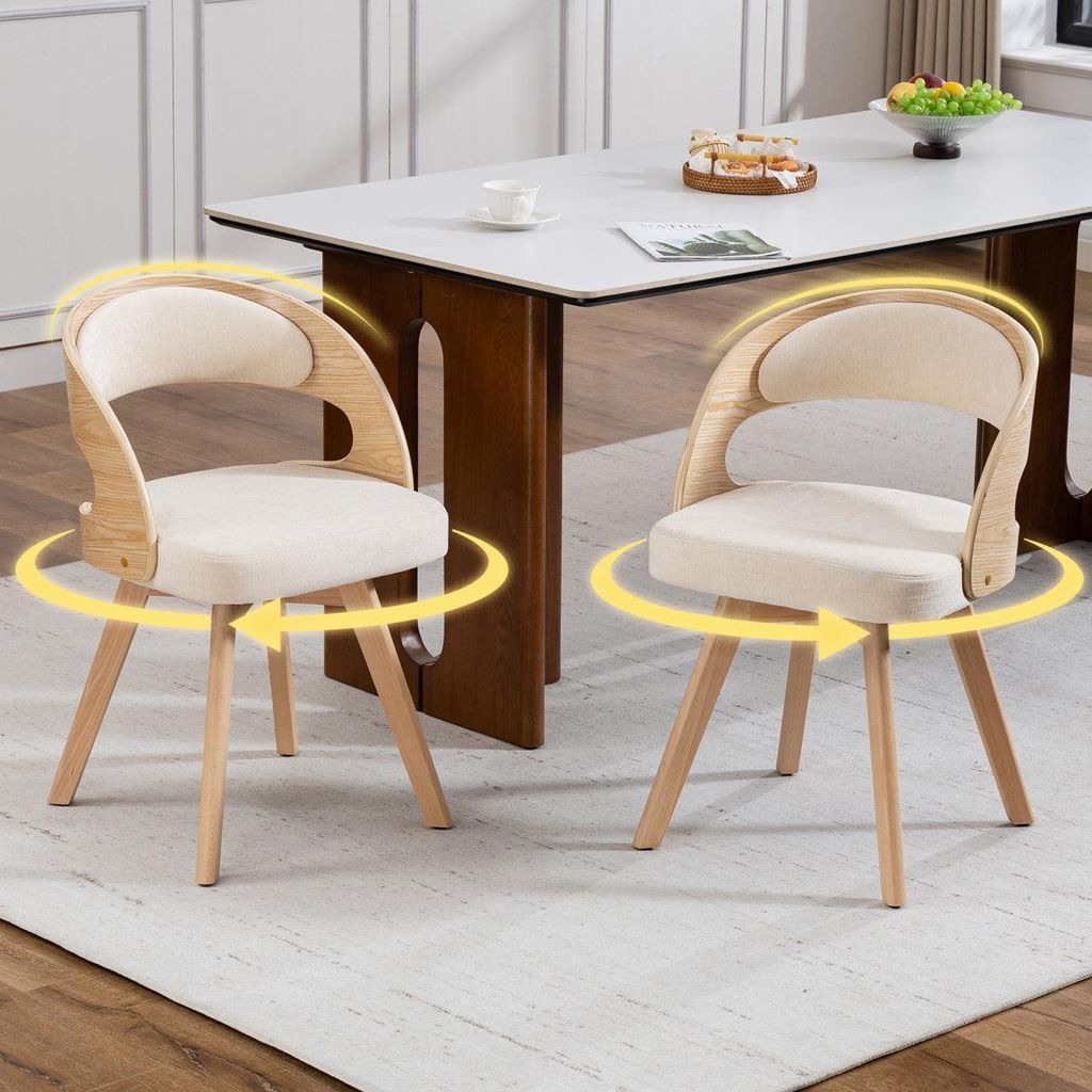 Moderner Holz Esszimmerstuhl Drehbar Polsterstuhl mit Baumwoll Leinen Kissen Geschwungene Rückenlehne Akzentstuhl für Küche Café Wohnzimmer. Beige