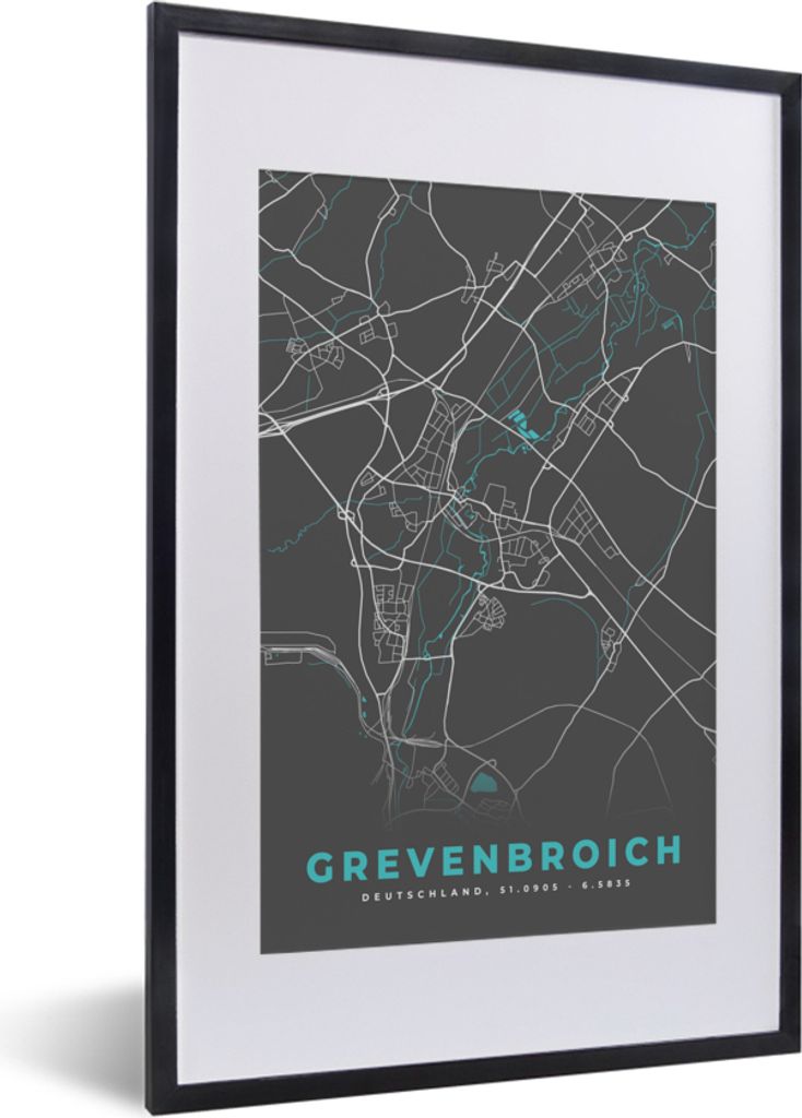 MuchoWow Gerahmtes Poster Stadtplan - Karte - Grevenbroich - Blau - Deutschland - Karte 40x60 cm - Poster mit Schwarzem Bilderrahmen Wandposter R...