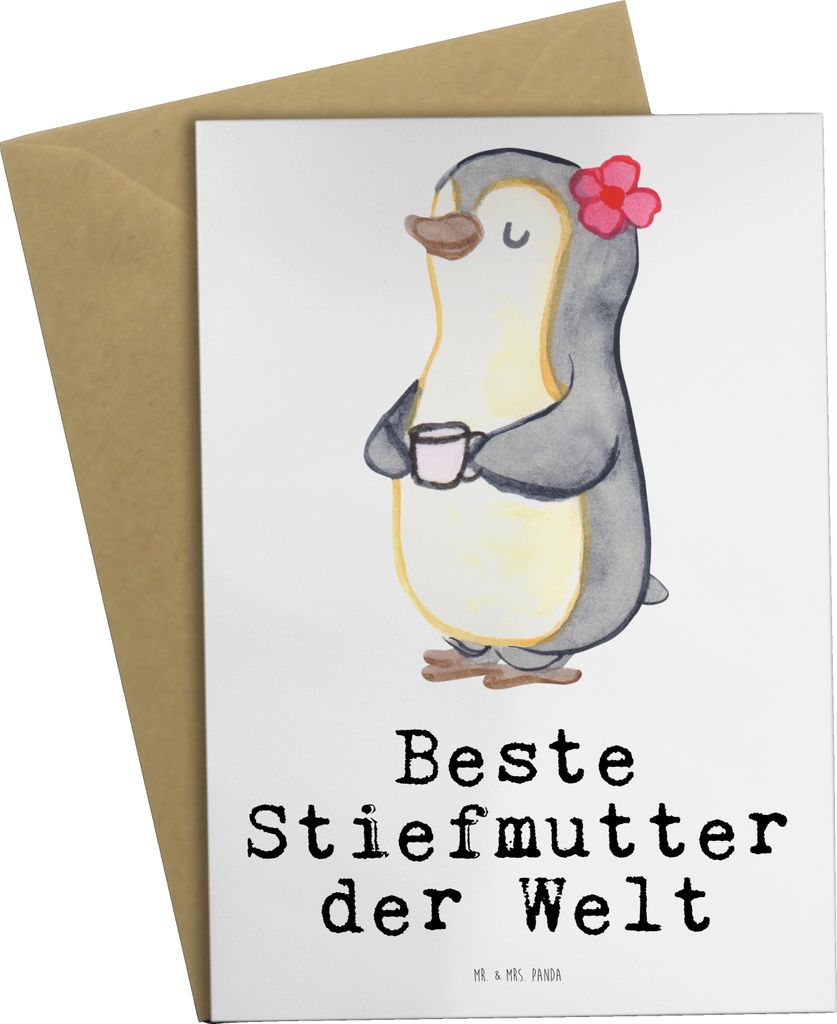 Mr. & Mrs. Panda Glückwunschkarte Pinguin Beste Stiefmutter der Welt - Weiß - Geschenk, weihnachtskarten, Grußkarten, hochzeitskarten, Mama, Dan...