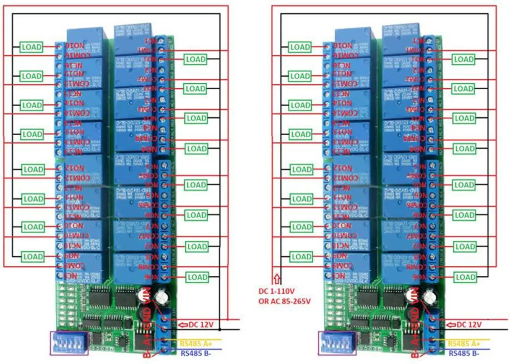 Module 16 relais Modbus RTU RS485 12V CC haute performance pour PLC - 14