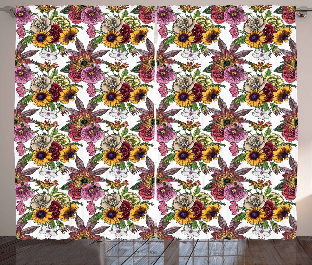 ABAKUHAUS Aster Rustikaler Vorhang, Blooming Garden Bouquet, Wohnzimmer Universalband Gardinen mit Schlaufen und Haken, 280 x 225 cm, Mehrfarbig
