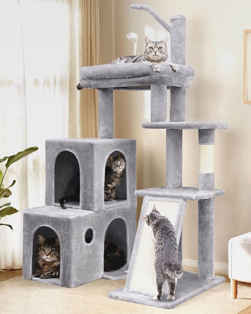 Kratzbaum Stabil mit 2 Große Katzenhaus 90° Drehbares, 2 Groß Basis, Gepolsterte Plattform, Sisal Kratzbrett, Katzenspielzeug, Katzenbaum für K...