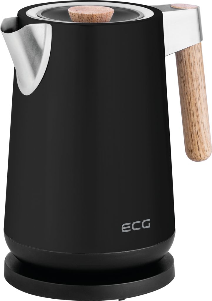 A black electric kettle with a wooden handle and lid accent, shown on a white background.