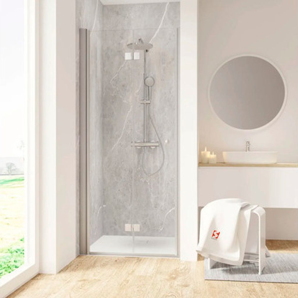 Duschtür in Nische mit Drehfalttür SCHULTE Garant 2.0 ExpressPlus 90 cm Profil aluminium Klarglas schmutzabweisende Glasbeschichtung Türanschlag...