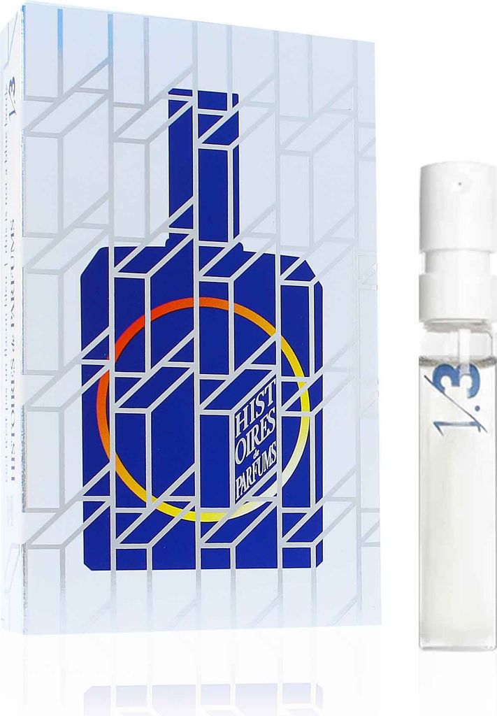 A product shot of a perfume sample vial and its packaging.