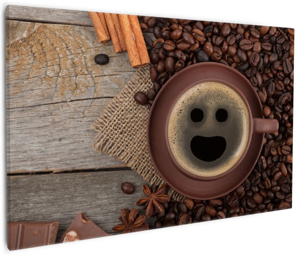 Wallario Premium Leinwandbild Lustige Kaffeetasse mit einem Lächeln - Kaffeebohnen und Zimt in Größe 60 x 90 cm