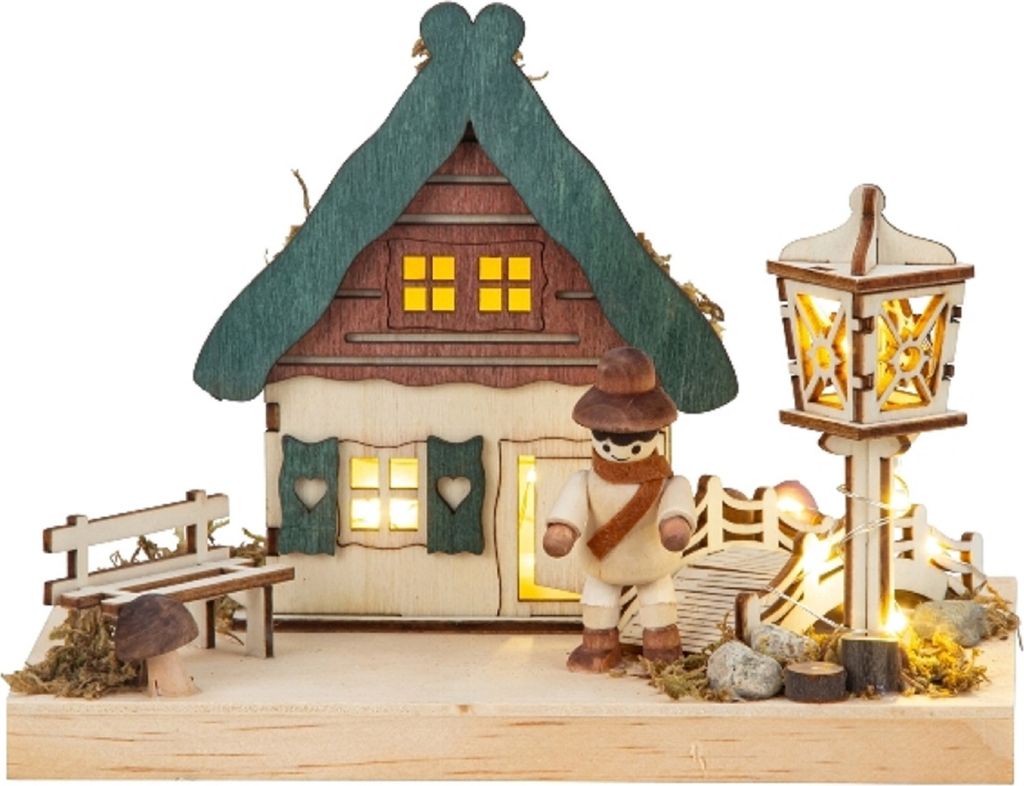 Traditionelles Weihnachtsdorf aus Holz, Bunt, mit LED-Beleuchtung, 18,5x15 cm