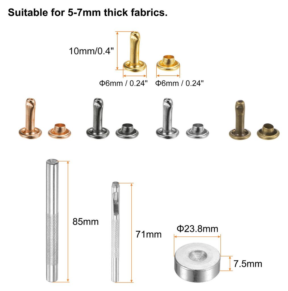 100 Sets 6mm x 10mm Leder Nieten, Metall Doppelkappe Nieten Tubular Runde Druckkn?pfe mit 3 Stš¹ck Werkzeugen fš¹r Handwerk Reparatur Dekoratio...