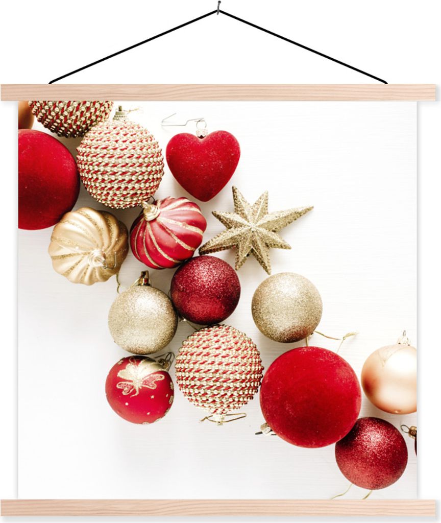MuchoWow Textilposter Winter - Rot - Kugeln 40x40 cm mit holzfarbenen Rahmen - Posterleiste