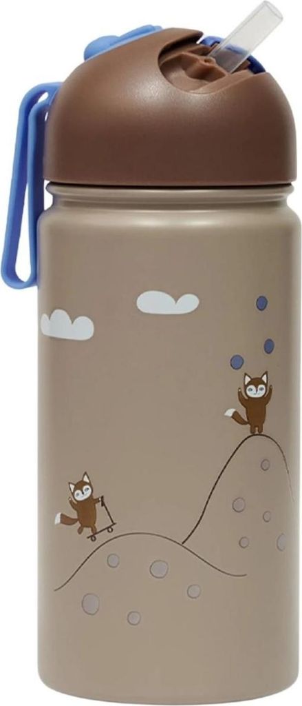 OYOY Mini Friends in the Forest Bottle 360 ml Thermoflasche Blue M107748 Kinder Trinkflasche mit Strohhalm Isolierflasche