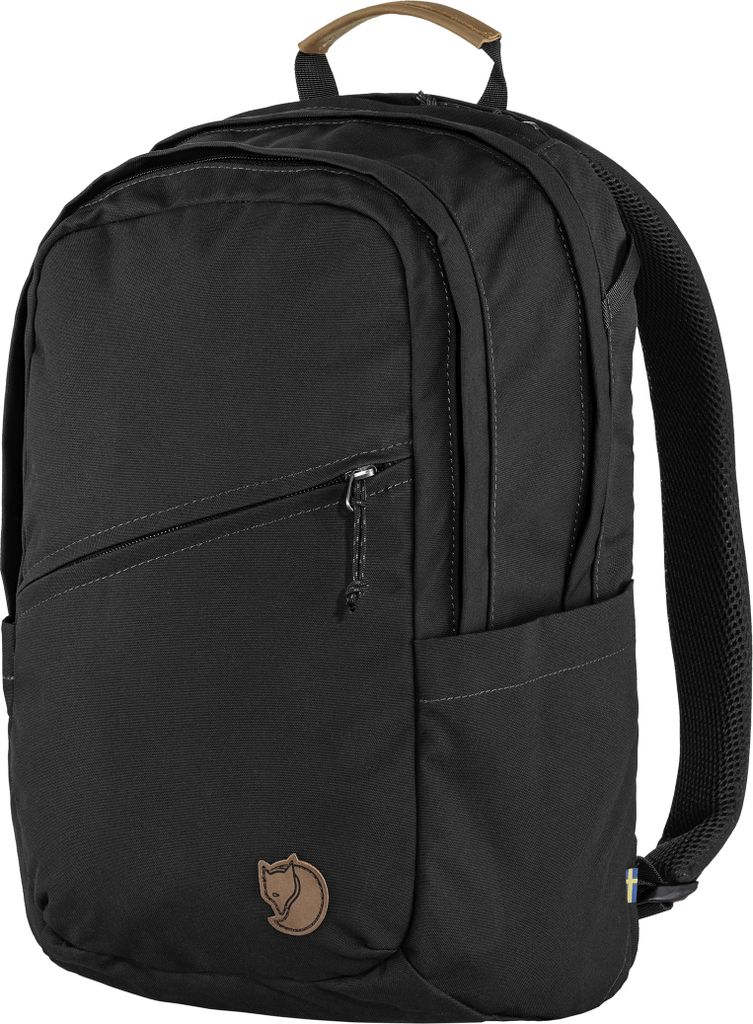 A black backpack is shown against a white background.