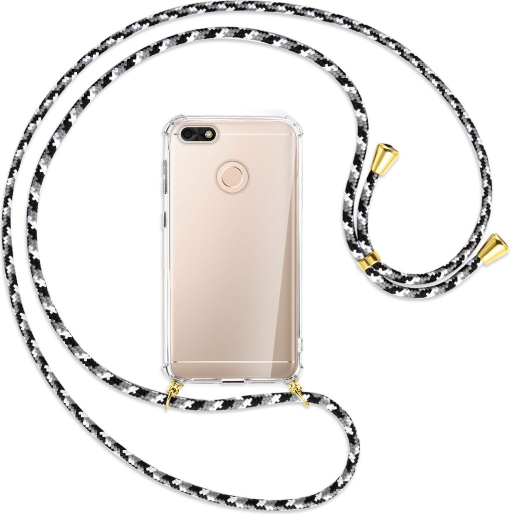 Handykette Backcover-Schutzhülle mit Band (Metall goldfarben) für Huawei P9 lite mini, Y6 Pro 2017 - schwarz/grau/weiß