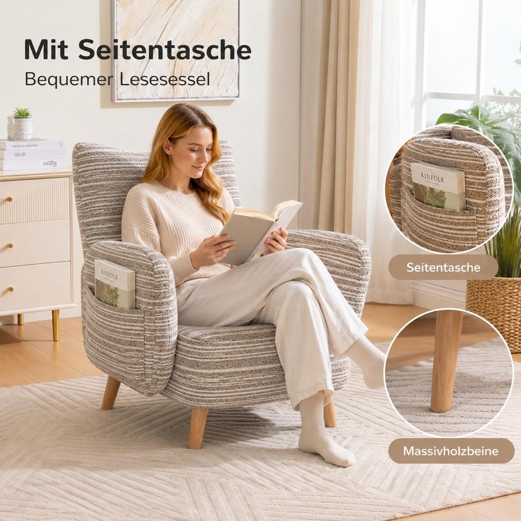 Lesesessel modern Stoff Sessel mit Seitentasche Polstersessel mit Massivholzbeinen Wohnzimmer Sessel Schlafzimmer Relaxsessel