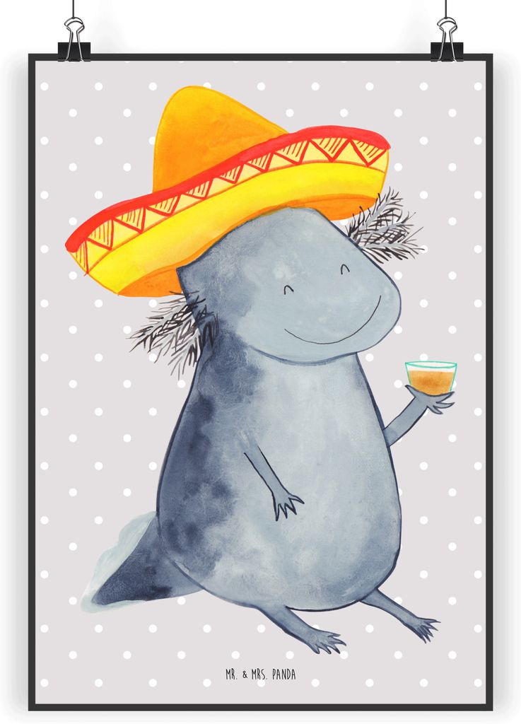 Mr. & Mrs. Panda Bild Axolotl Tequila DIN A4 - Grau Pastell - Geschenk, wanddeko, Wandbild, drucke, trinken, Party, Wanddekoration, Urlaub, Plakat,...