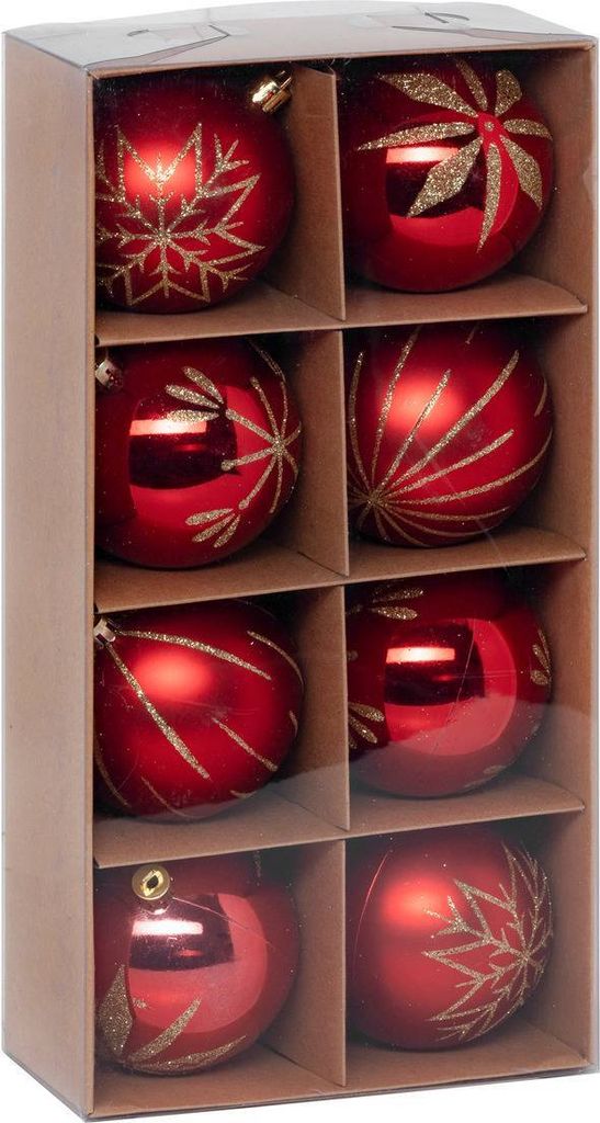 A set of eight red Christmas ornaments with gold glitter accents, arranged in a cardboard box with clear plastic packaging.