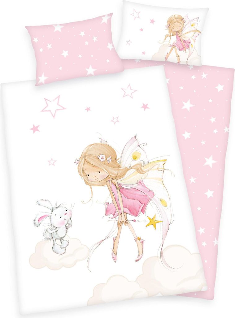 A flat lay of a children's duvet cover and pillowcase set with a fairy and bunny illustration.