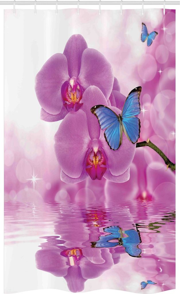 ABAKUHAUS Schmetterling Schmaler Duschvorhang, Orchideen-Blüte auf Wasser, Badezimmer Deko Set aus Stoff mit Haken, 120 x 180 cm, Weiß Blau Rosa