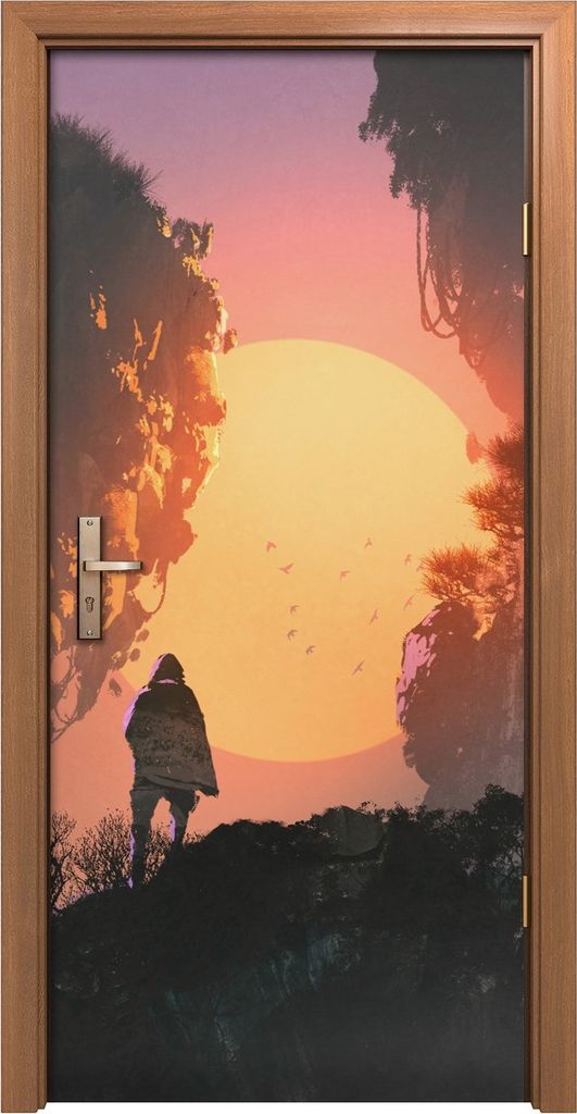 Türposter 90x200 cm Türaufkleber Türtapete Türfolie Klebefolie Surreale Landschaft Mann Felsen Berges