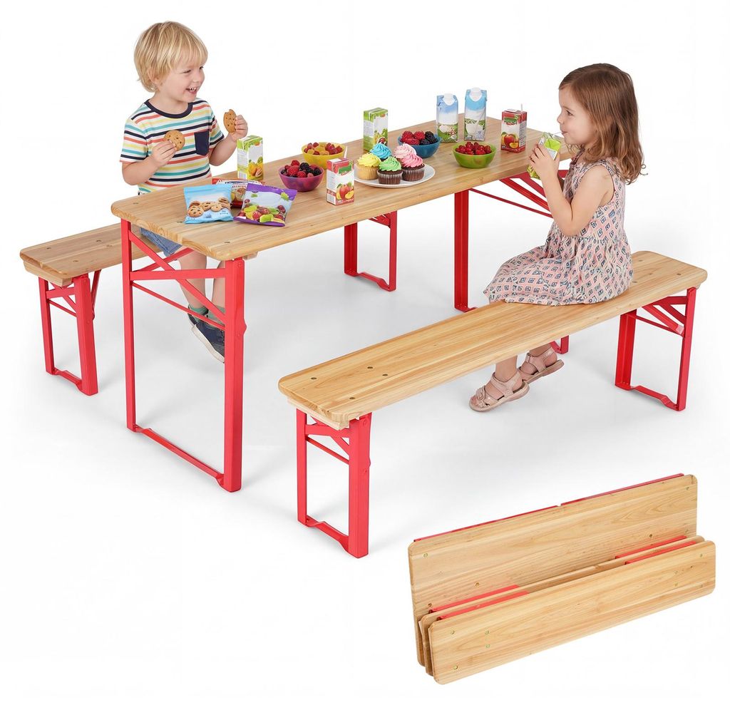 COSTWAY Kindersitzgruppe Outdoor klappbar, Kinder Picknicktisch Set mit 2 Sitzbänken, Kindersitzgarnitur 110cm aus Tannenholz mit Metallrahmen