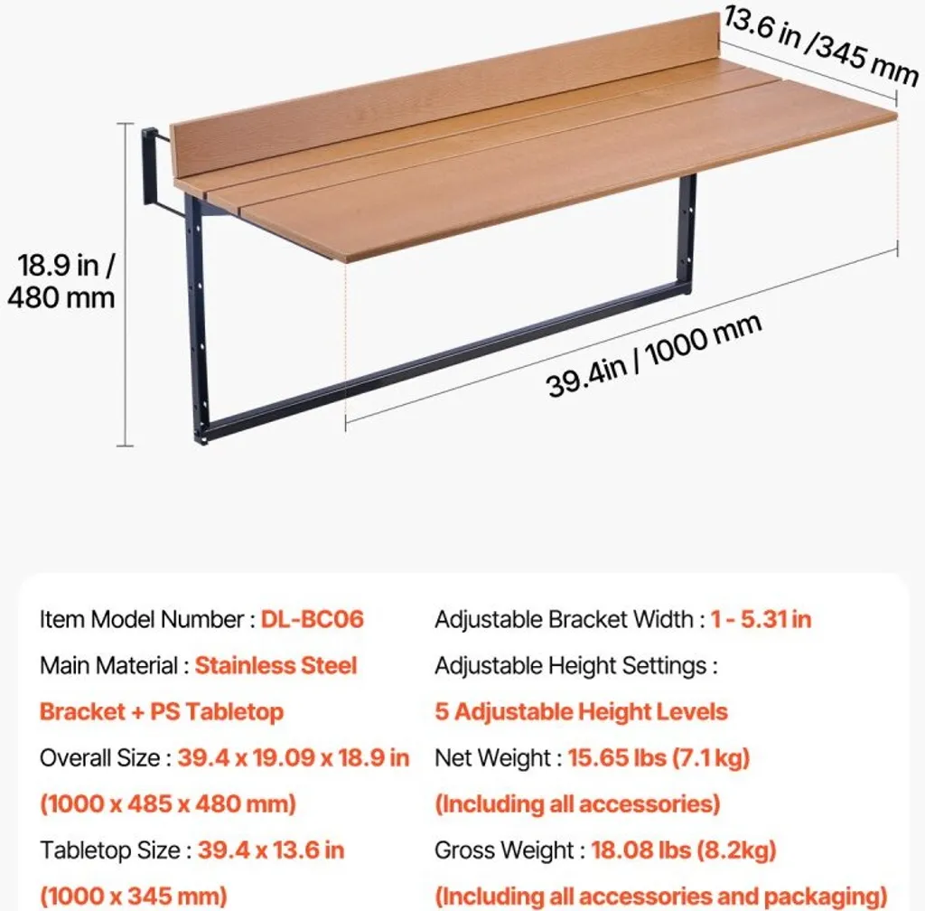 Table de balcon suspendue pour repas extérieur - Plateau pliable 100cm