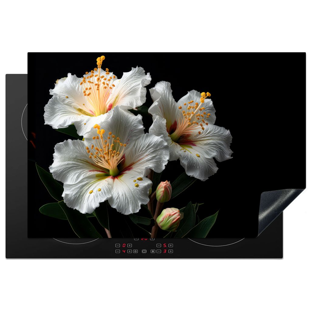 KitchenYeah Herdabdeckplatte Blumen - Weiß - Hibiskus - Natur - Schwarz , 76x51cm, Küche Deko, Glaskeramikkochfeld Herdabdeckung, Abdeckplatte ...