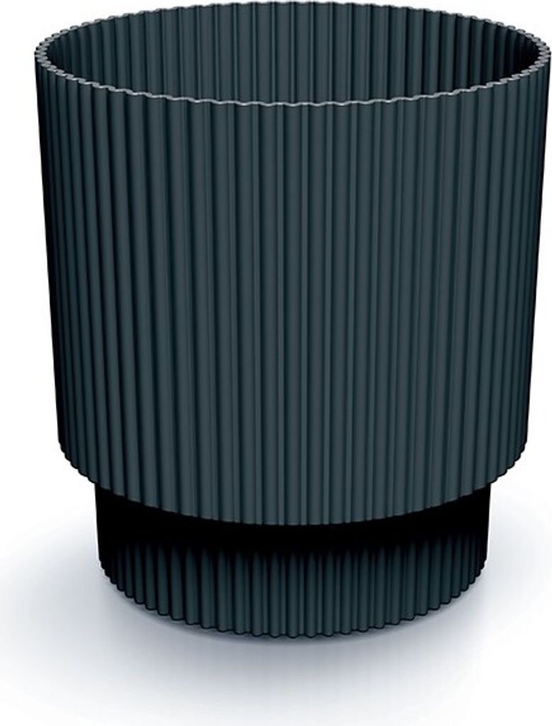 A dark gray ribbed plastic planter pot is shown against a white background.