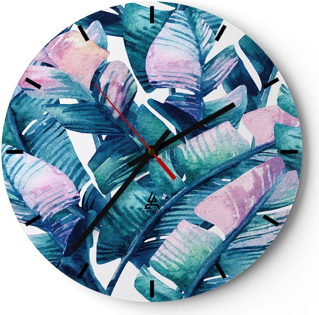 Wanduhr - Rund - Glasuhr - Blatt Pflanze Blume - 30x30cm - Schleichendes Uhrwerk - Lautlos - zum Aufhängen bereit - Dekoration Modern - Wanddekora...