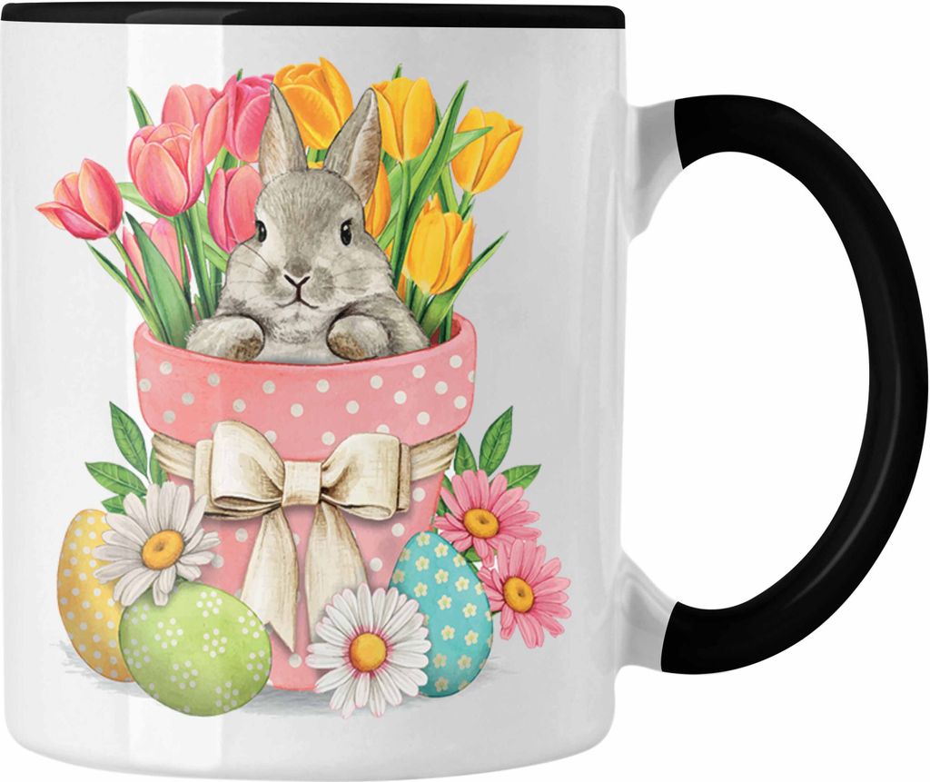 Trendation - Tasse Ostern Ostergeschenke Kinder Jugendliche Geschenke Lustige Grafik Osterhase Ostereier Tulpen (Schwarz)