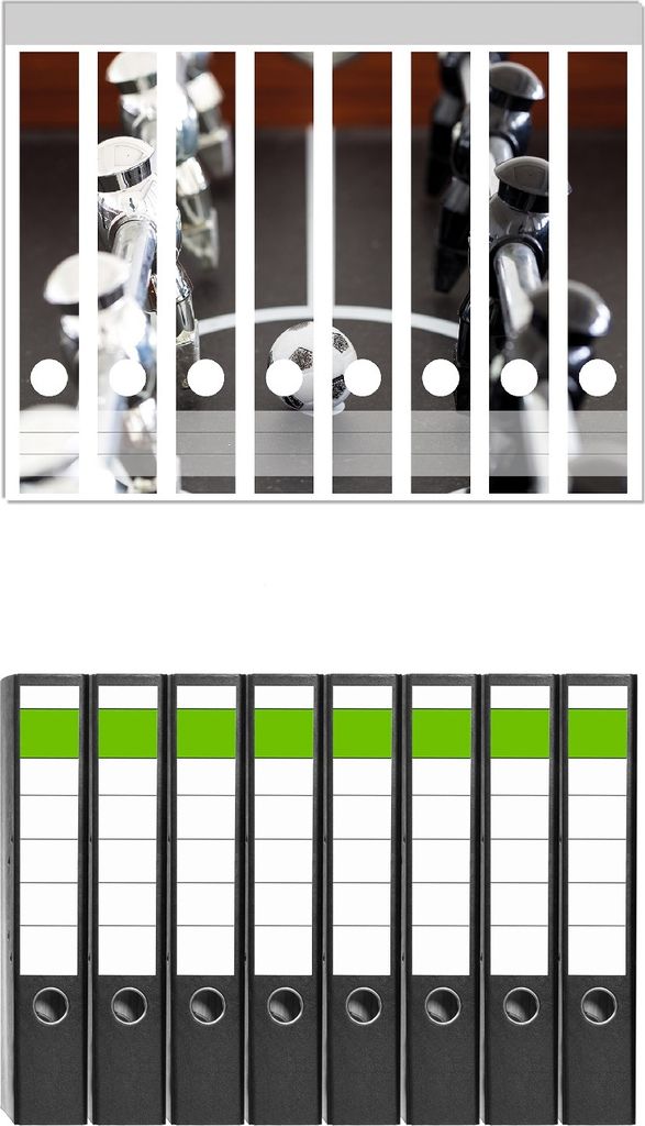 Wallario 8 Stück schmale Ordner inkl. Klebeetiketten mit Motive Kicker-Tisch in Nahaufnahme - Ball in der Mitte - Set mit Rückenschildern / Ordne...