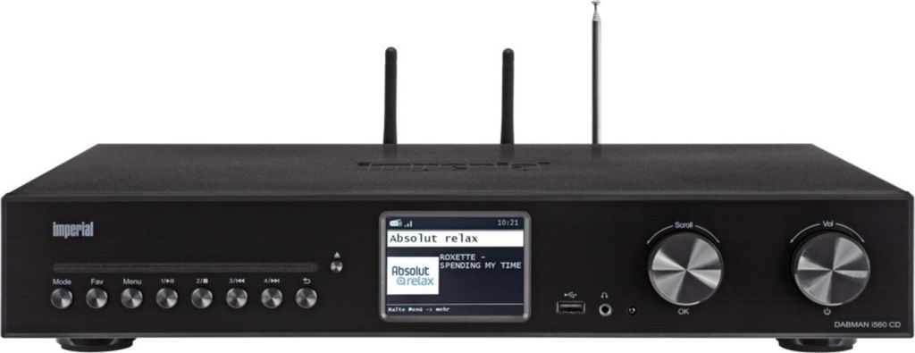 A black hi-fi system with a screen and knobs is shown against a white background.