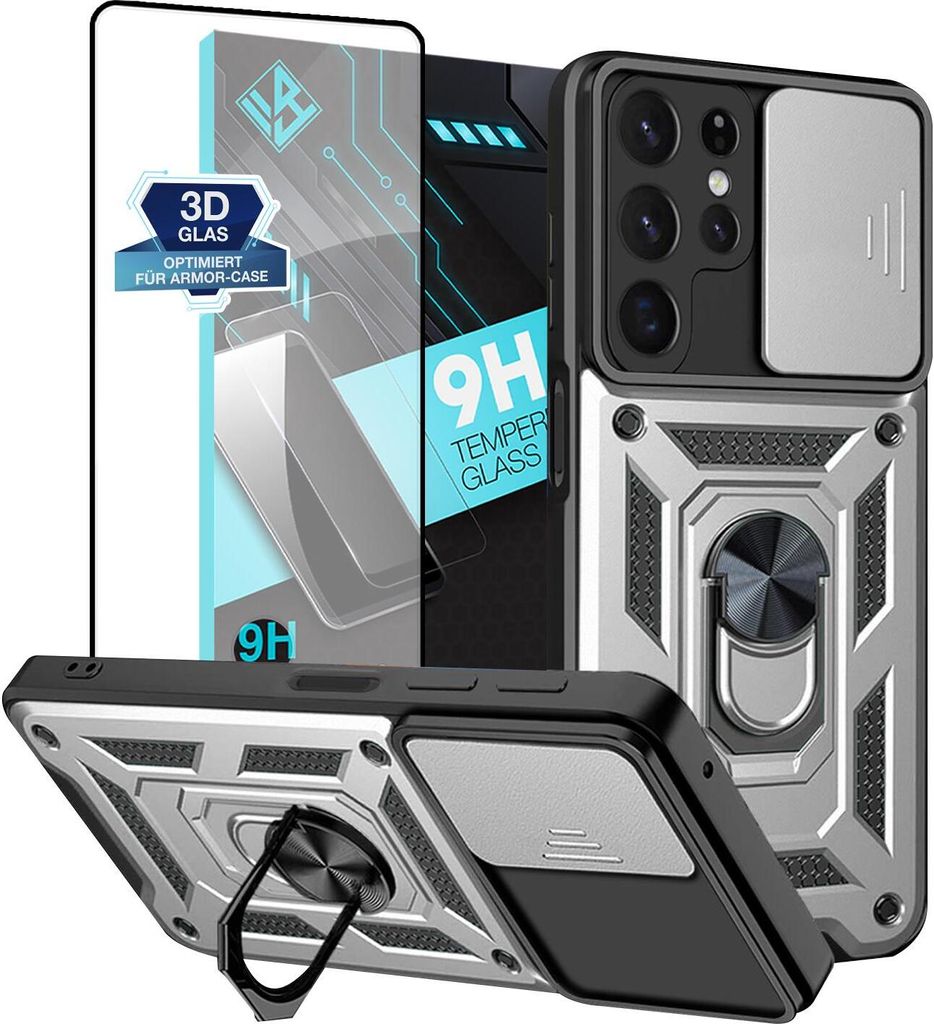 Armor Handyhülle für Samsung Galaxy S22 Ultra mit 9H Displayglas Displayschutz Kameraschutz Handy Panzer Case Cover Schutzhülle Outdoor Farbe: S...