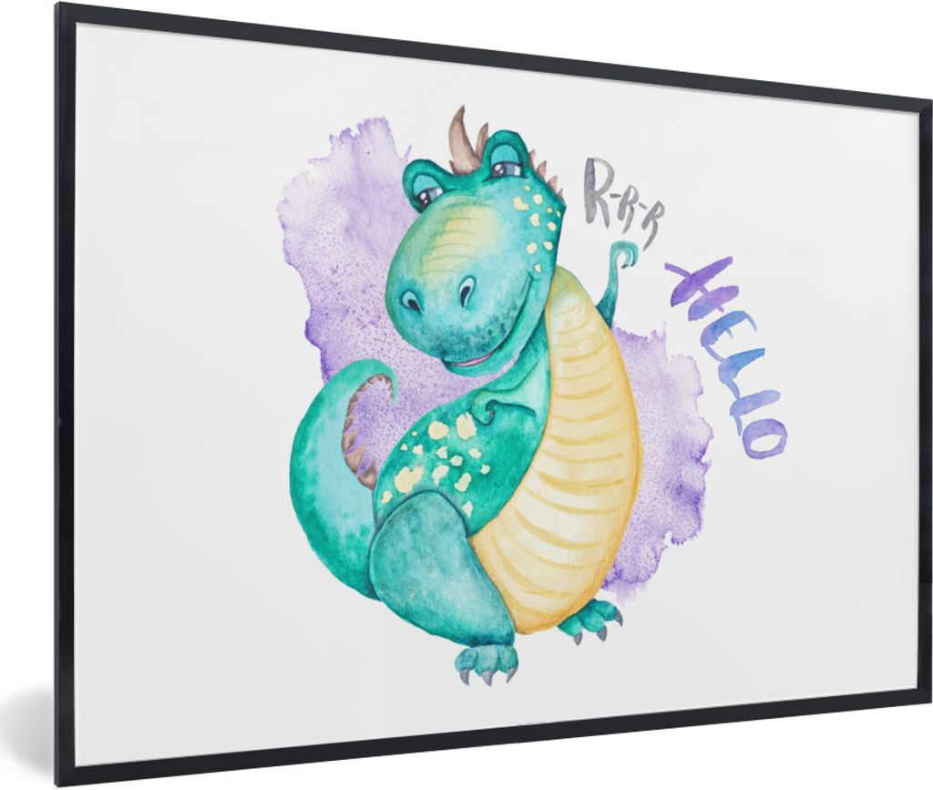 MuchoWow Gerahmtes Poster Dinosaurier - Kinderzimmer - Grün - Jungen - Mädchen - Kinder 60x40 cm - Poster mit Schwarzem Bilderrahmen Wandposter...