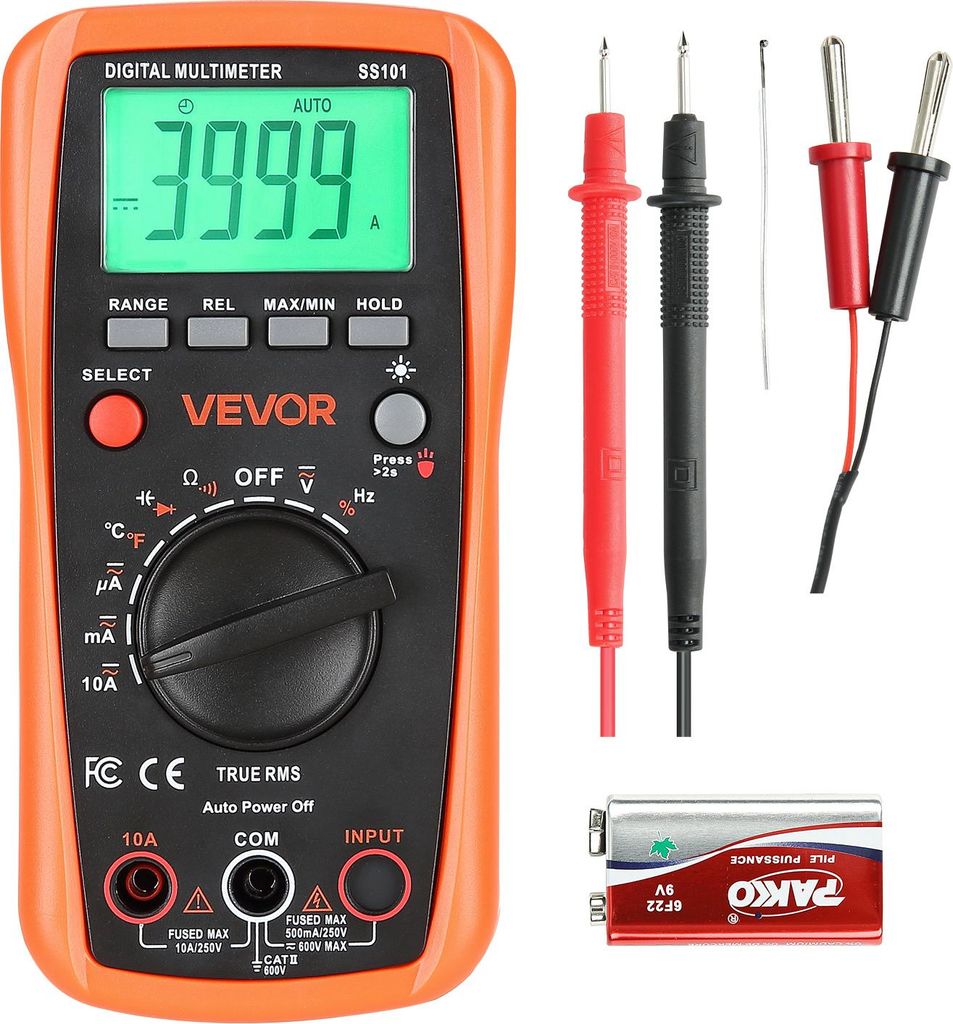 VEVOR Digitalmultimeter, 4000-Count TRMS DC/AC Voltmeter Stromtester, Auto-Ranging-Multimeter für Strom, Spannung, Widerstand, Kapazität, Tempera...