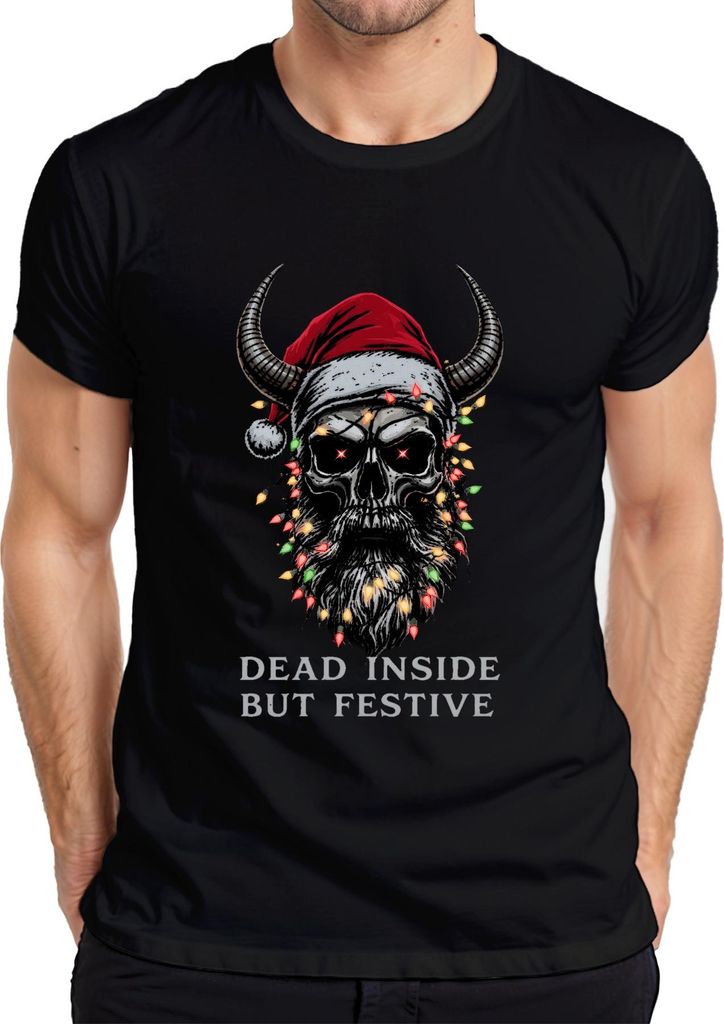 Dead Inside But Festive Totenkopf Hörner Lichter Bart Gothic Herren T-Shirt, Schwarz, XXL