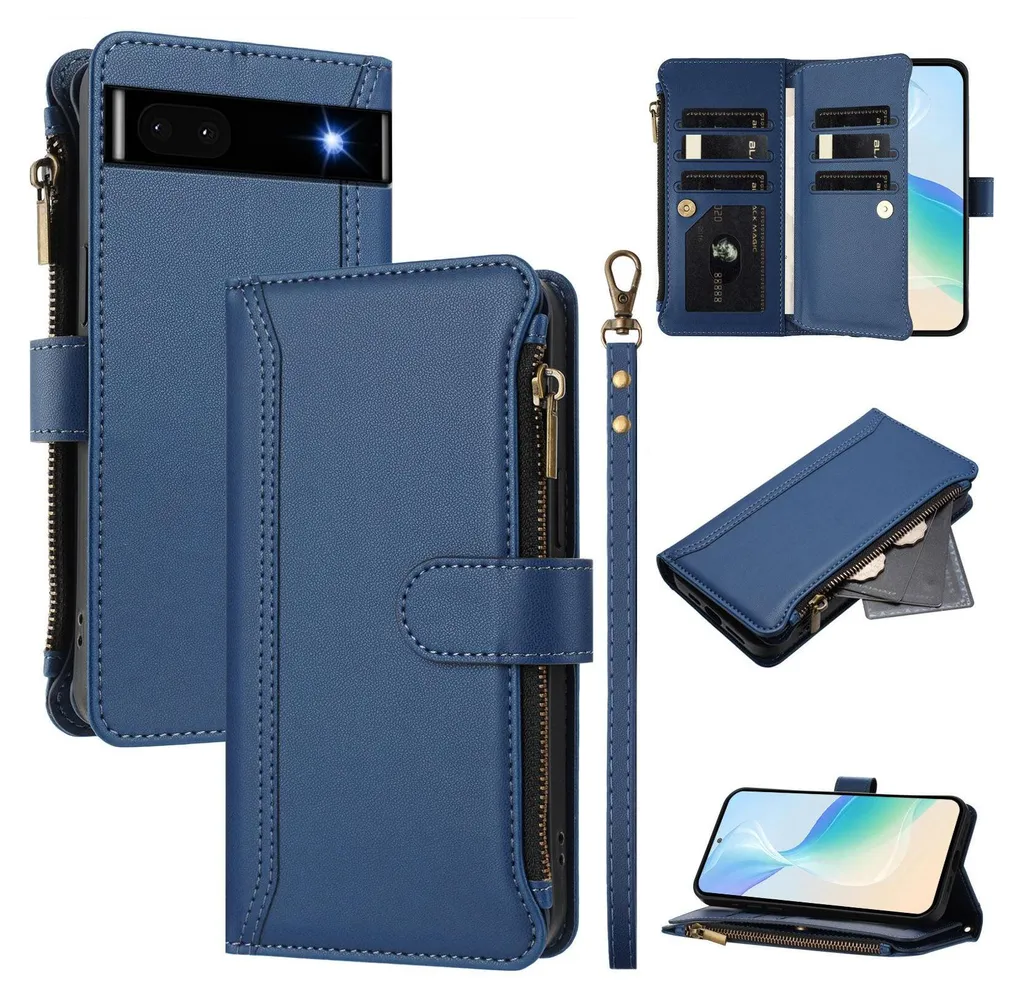 Custodia Google Pixel 6A Portafoglio Blu | Pelle PU con Cerniera e Stand