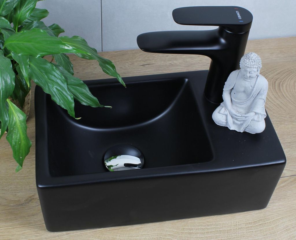 Keramik Waschbecken rechteckig 355x205x125 schwarz matt ohne Überlauf Aufsatzwaschbecken mit Pop-Up Ablauf chrom